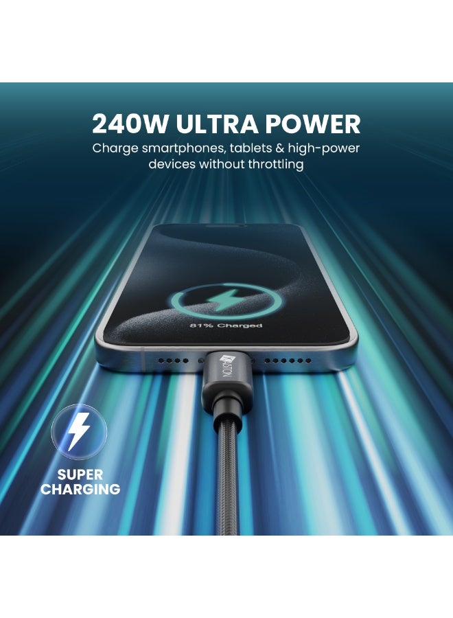 اكساستون كابل USB من النوع C إلى النوع C بقوة 240 واط وطول 2 متر | كابل شحن فائق السرعة بتقنية PD لأجهزة iPhone 15 Series وMacBook Pro/Air وأجهزة الكمبيوتر المحمولة والأجهزة اللوحية وأجهزة Android | توصيل طاقة 5 أمبير، مزامنة بيانات عالية السرعة | كابل شحن سريع متين ومضفر من النايلون - Image 2